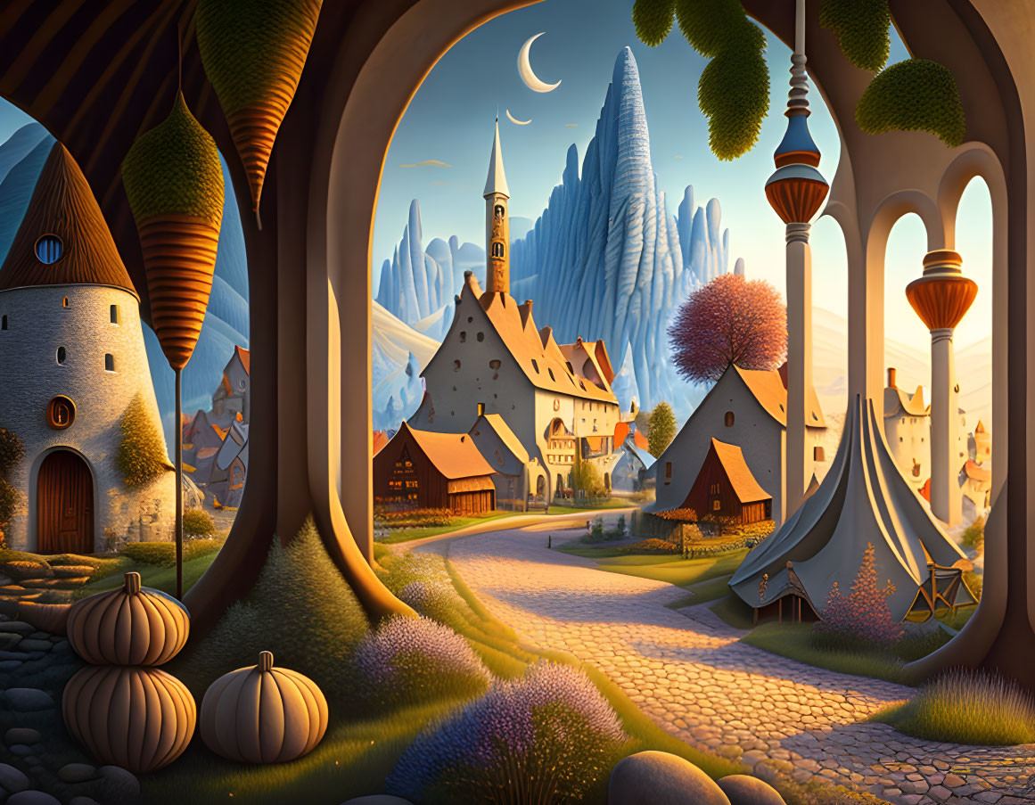 Whimsical village with storybook houses and mountains under crescent moon
