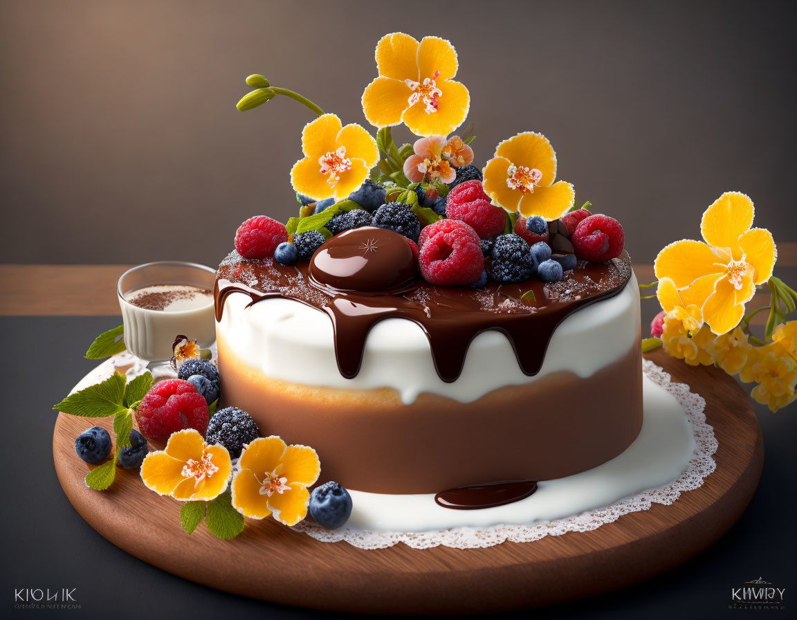 Chocolate Glazed Cake with Berries, Orchid Flowers, and Mint Leaves on Wooden Platter