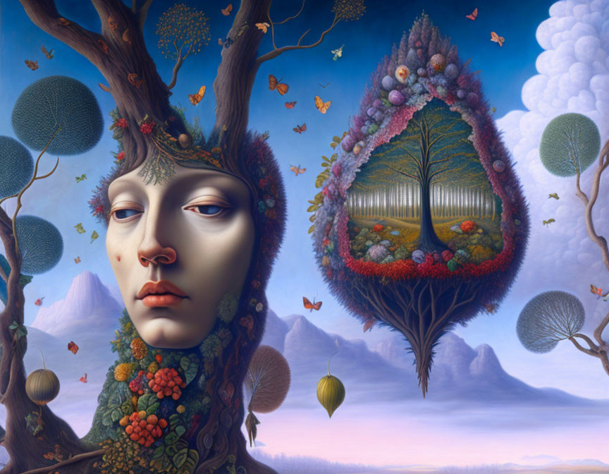 Surreal painting featuring person with landscape head, trees, clouds, fruits, and butterflies
