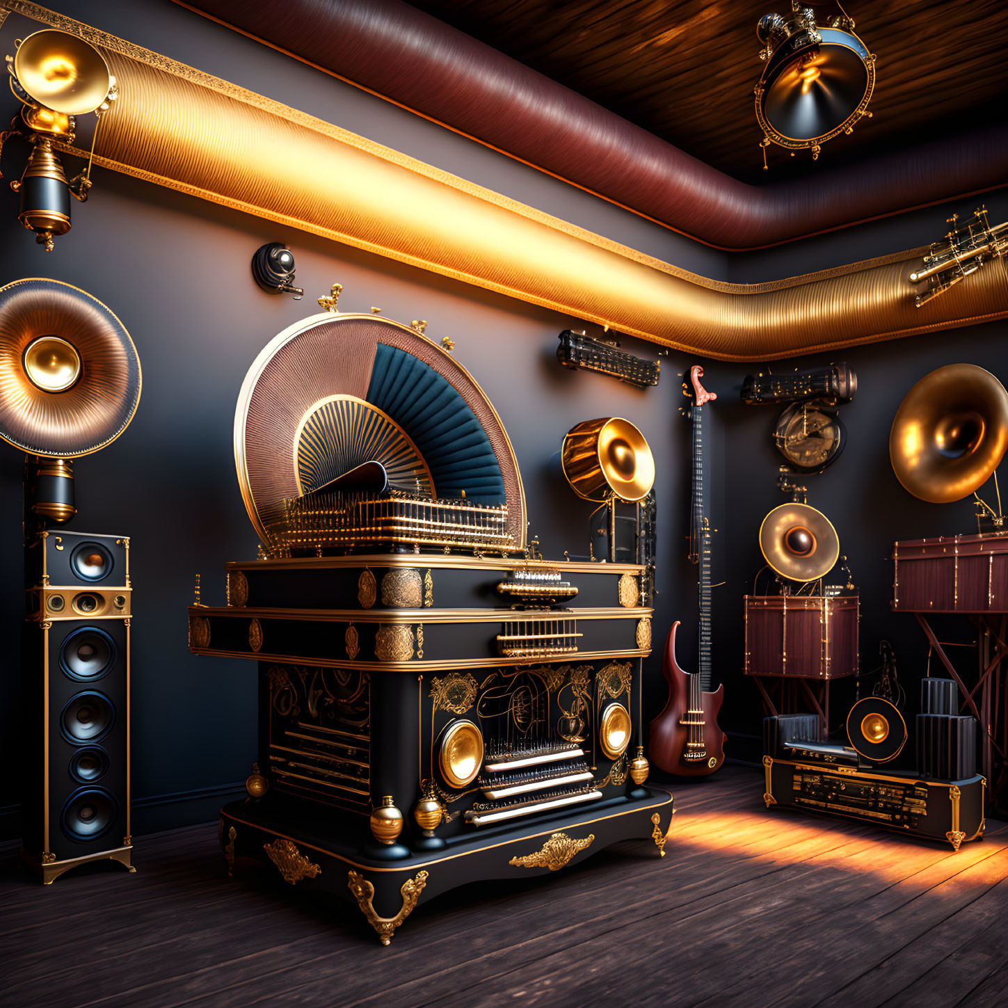 Vintage Music Room with Gramophone, Guitars, and Gold Accents
