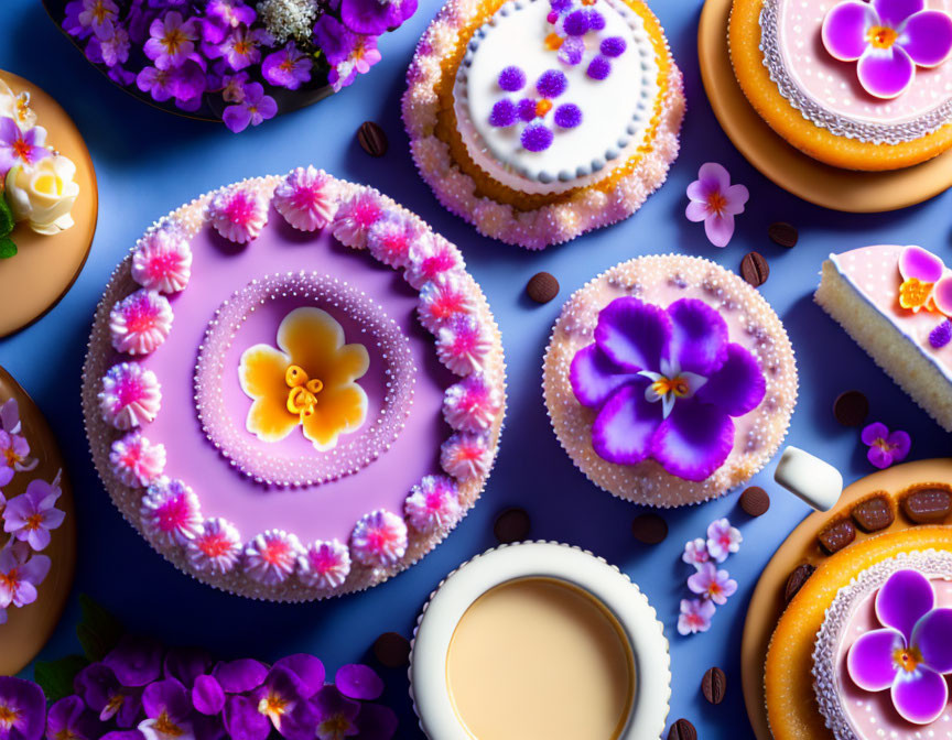 Floral-patterned cookies and cake with coffee on blue background and violet flowers
