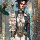 Blue-haired female character in steampunk attire with intricate jewelry against mechanical backdrop.