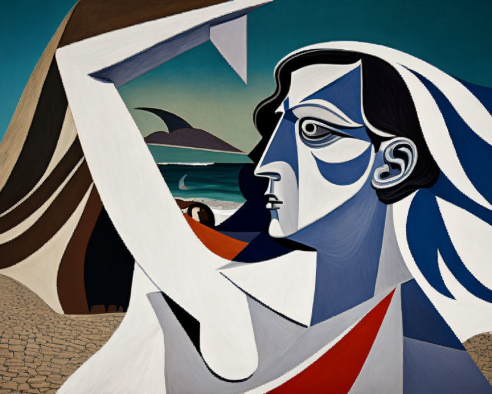 Abstract Cubist-style Painting: Bold Geometric Face Profile on Seascape Background