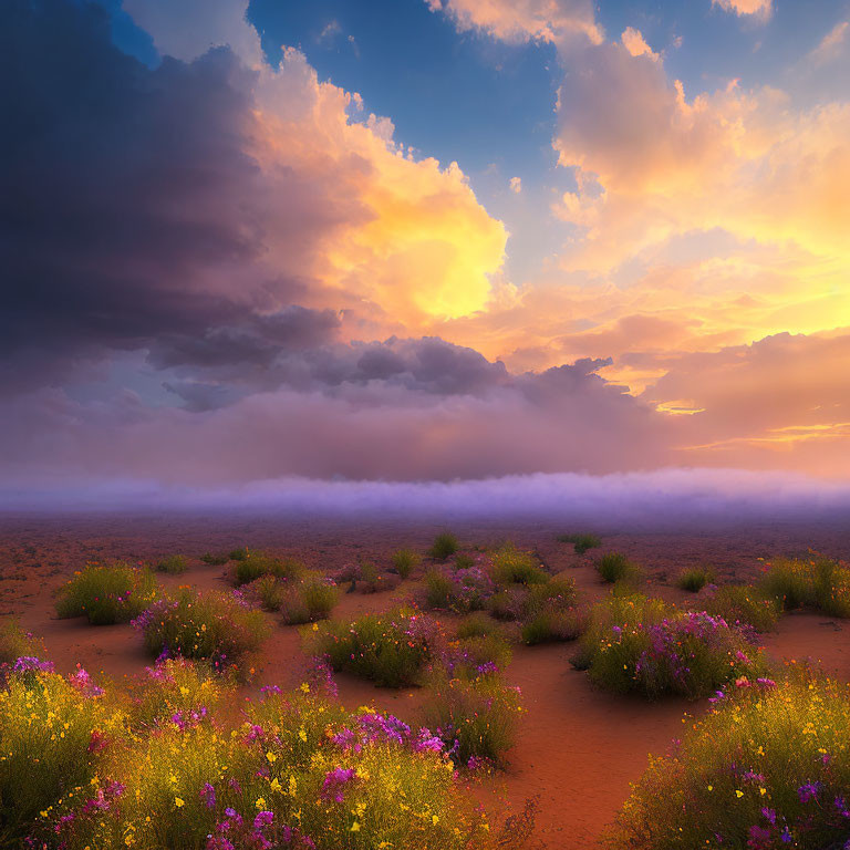 Colorful desert landscape with purple wildflowers, mist, and golden sunset.