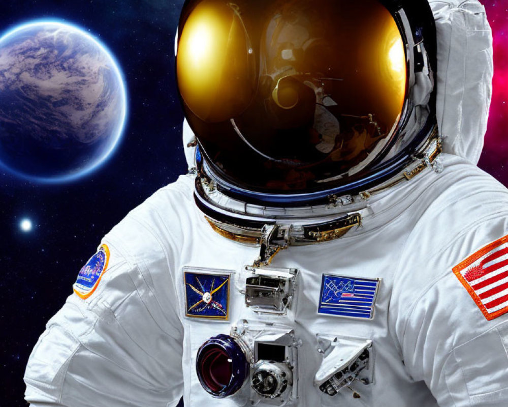 Astronaut in white space suit with golden visor and camera in space