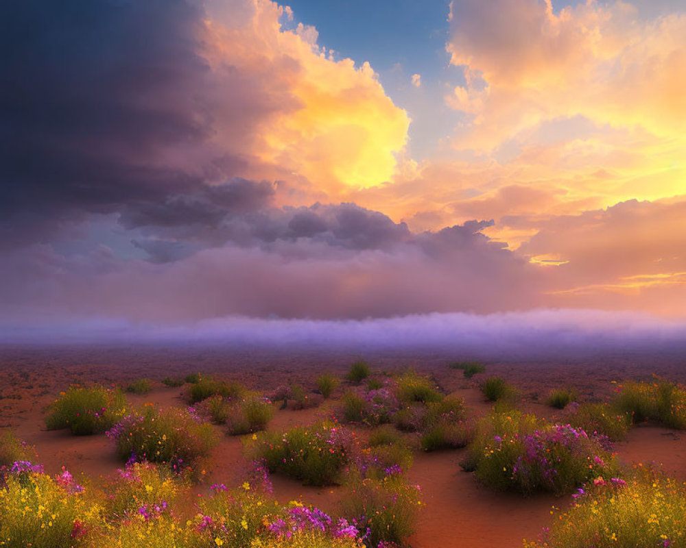 Colorful desert landscape with purple wildflowers, mist, and golden sunset.