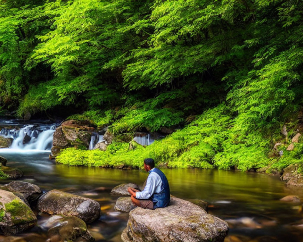 Person sitting on rock by serene forest stream with lush green foliage.