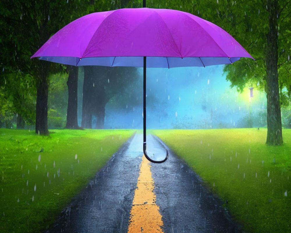 Purple umbrella floating above wet road with yellow line, green foliage, rain, streetlamp.