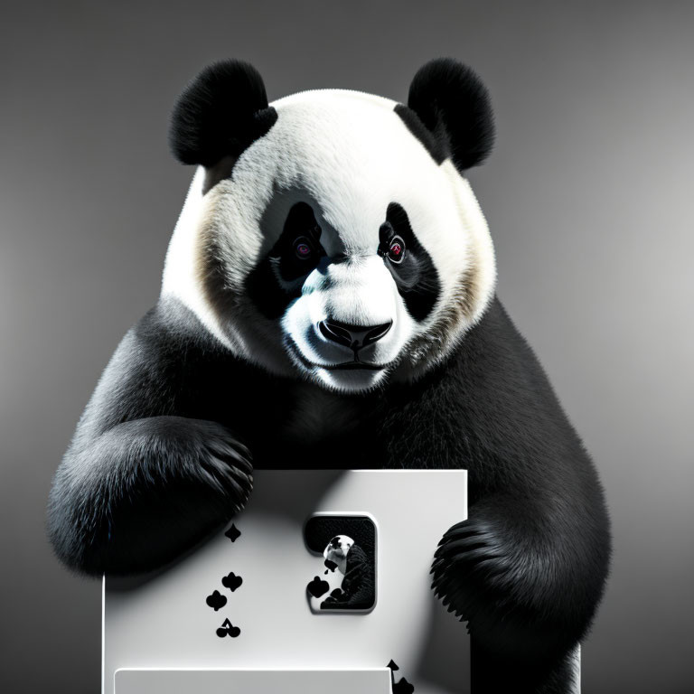Expressive-eyed panda peeking over blank sign with playful paw interaction