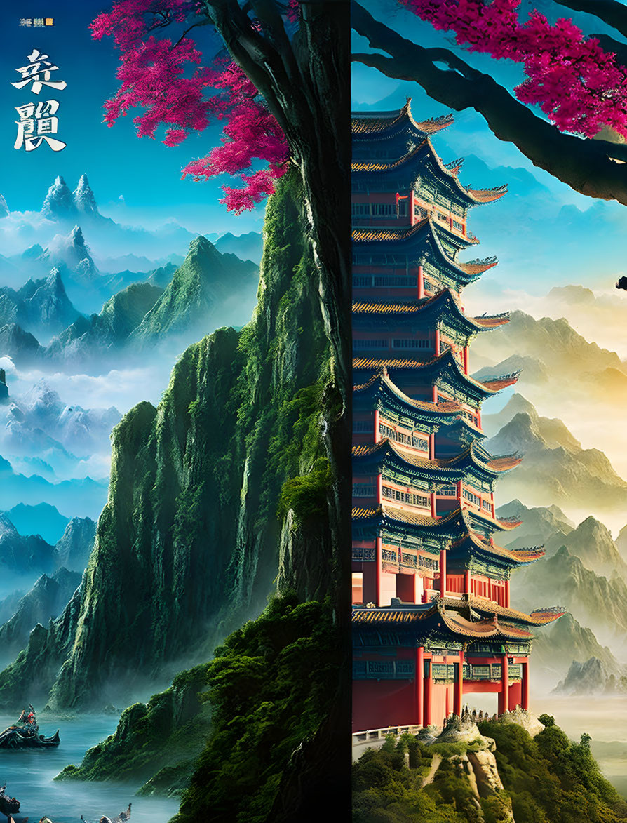 Digital artwork featuring Chinese pagoda, karst mountains, blossomed tree, and river boat.