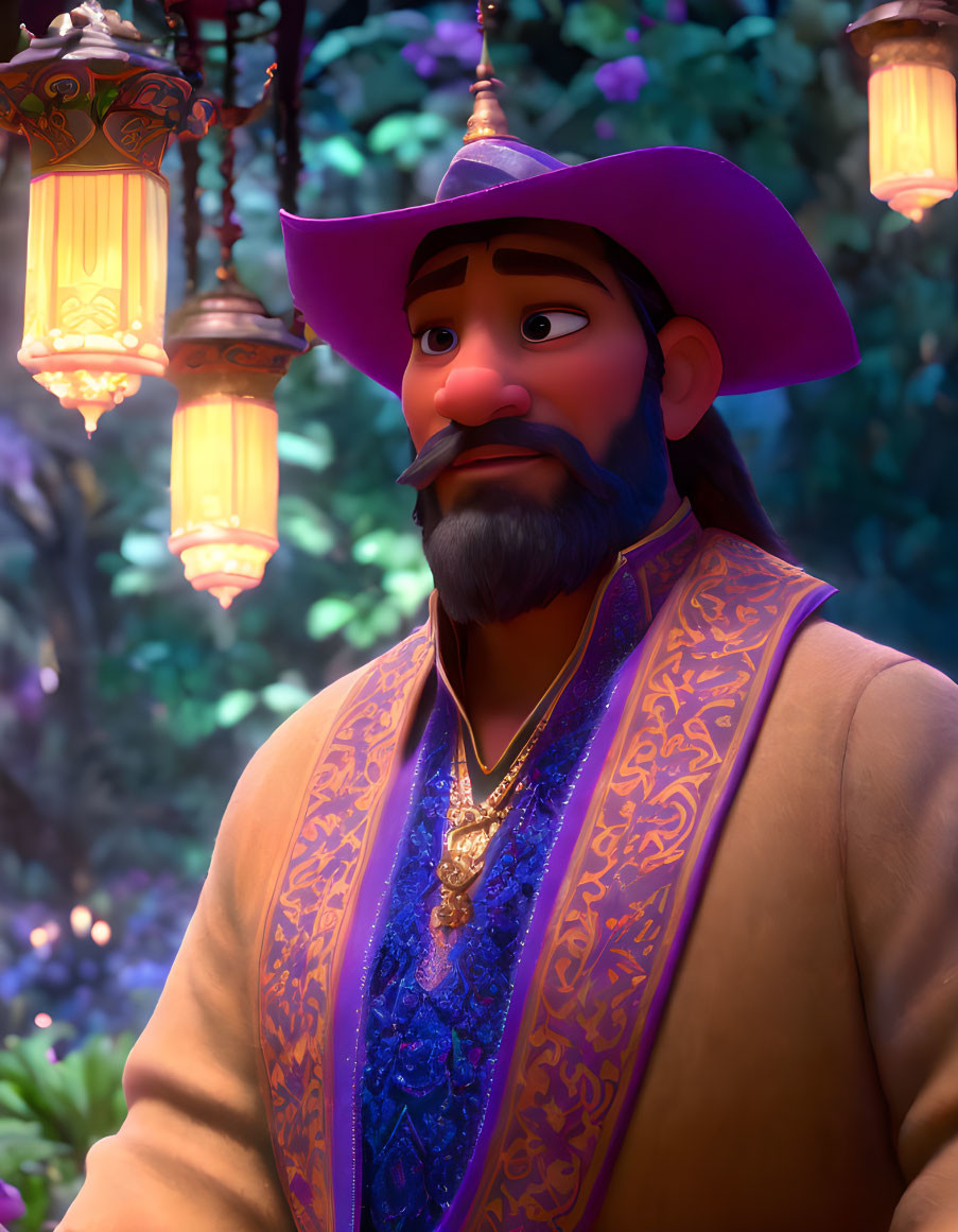 Colorful animated character in purple hat and embroidered jacket among glowing lanterns