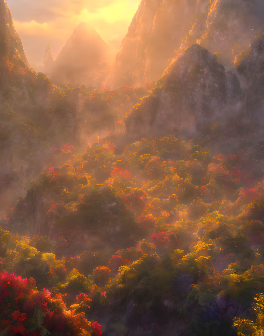 Serene autumn landscape with misty mountains and vibrant foliage