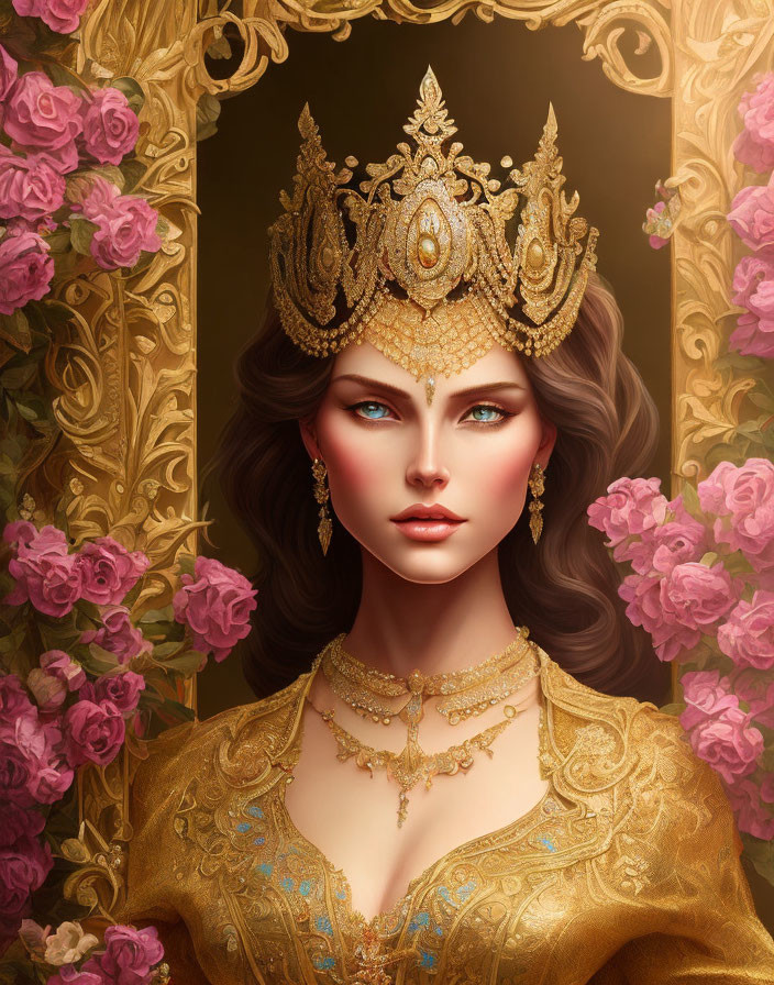 Regal woman with golden crown and roses in gilded border portrays elegance