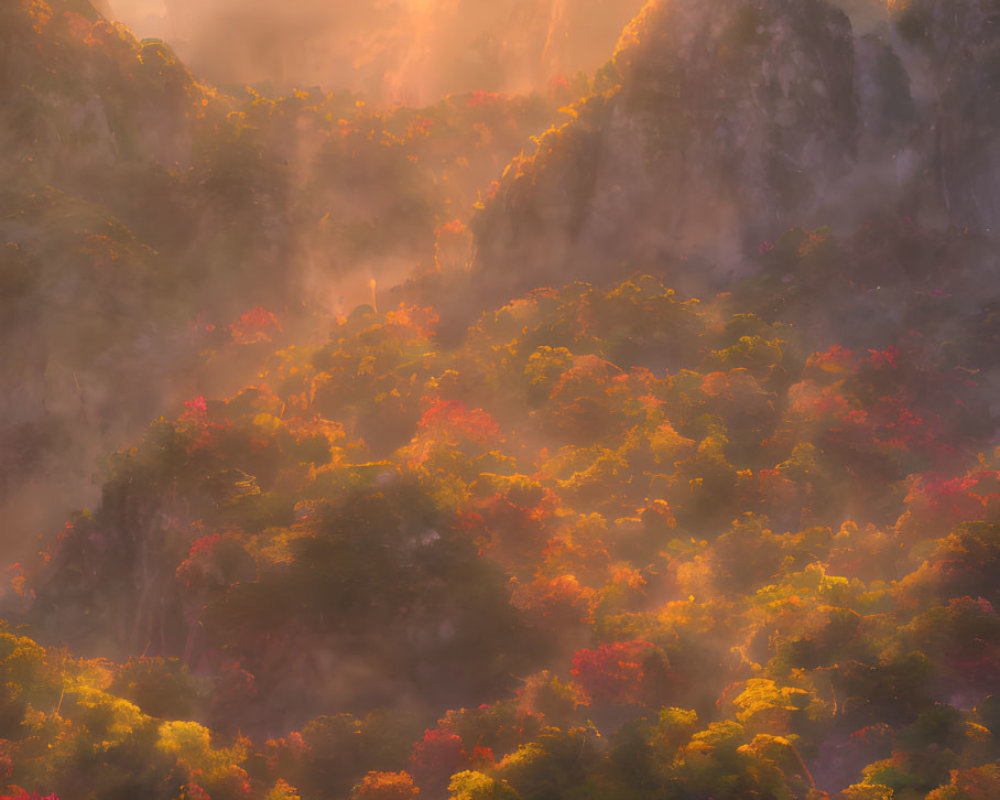 Serene autumn landscape with misty mountains and vibrant foliage