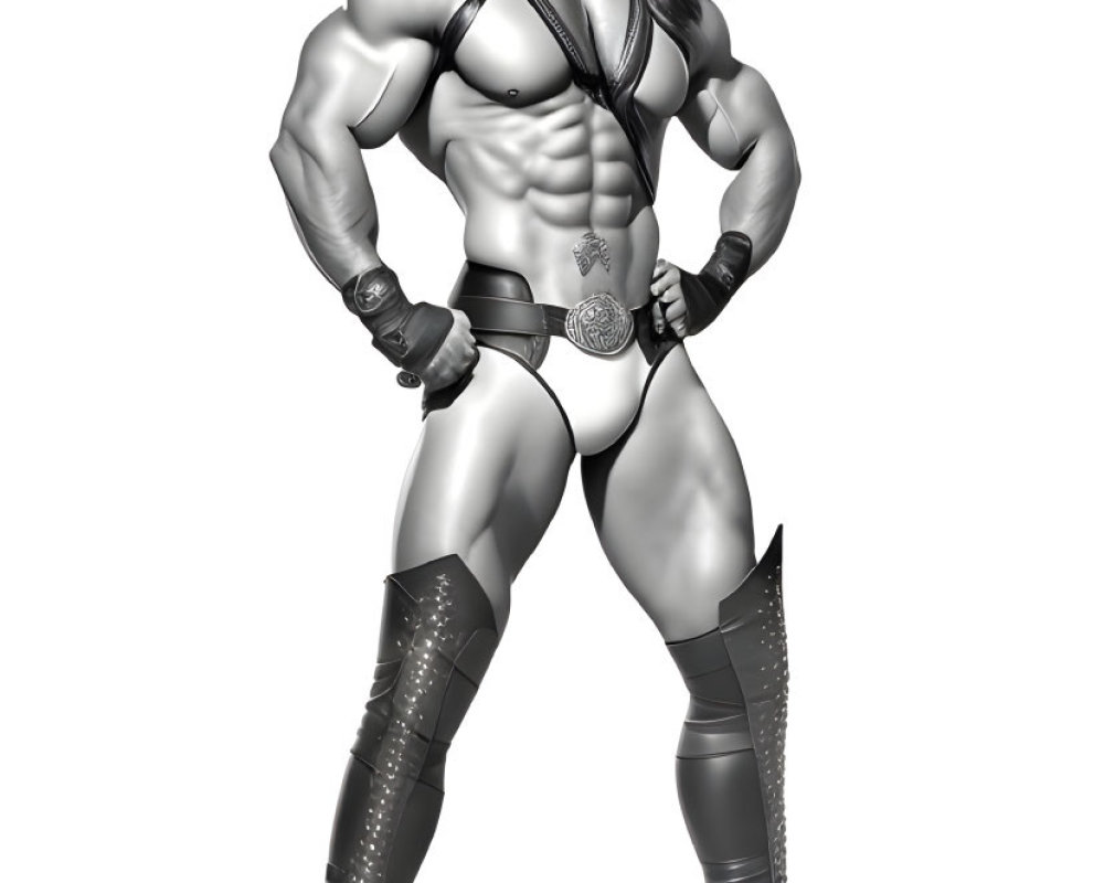 Muscular man in briefs, boots, and medal strikes confident pose