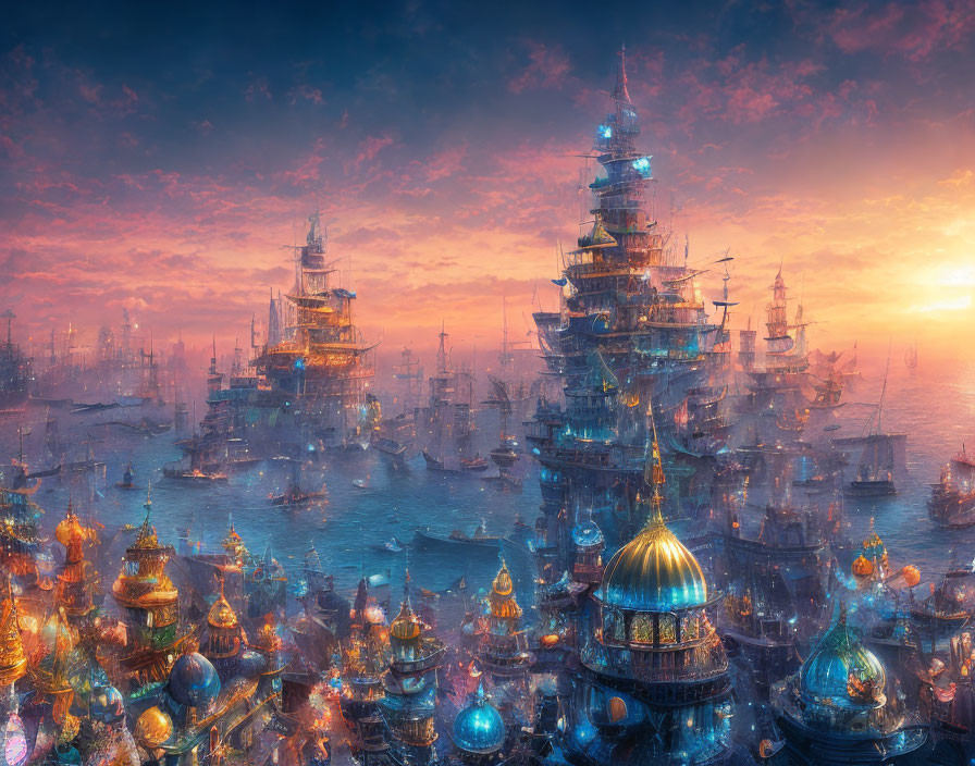 Vibrant sunset seascape with ornate ships and buildings