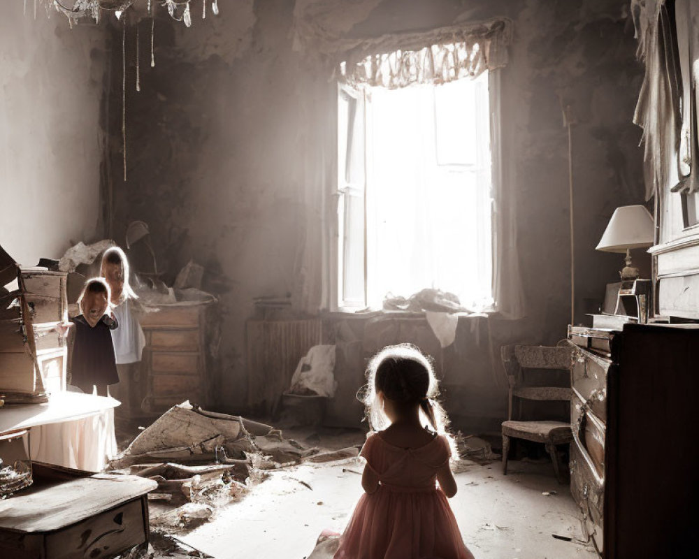 Deserted room with peeling walls, sunlight shines on two children in pink dress.