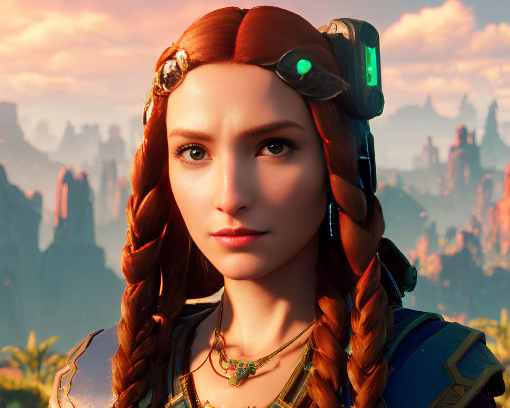 Red-haired woman with braids and futuristic headpiece in digital portrait.