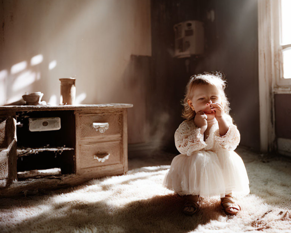 Toddler in white dress on furry rug with vintage play kitchen set.