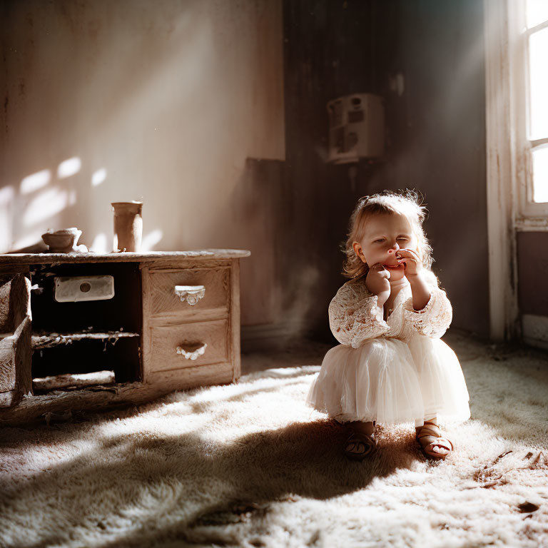 Toddler in white dress on furry rug with vintage play kitchen set.