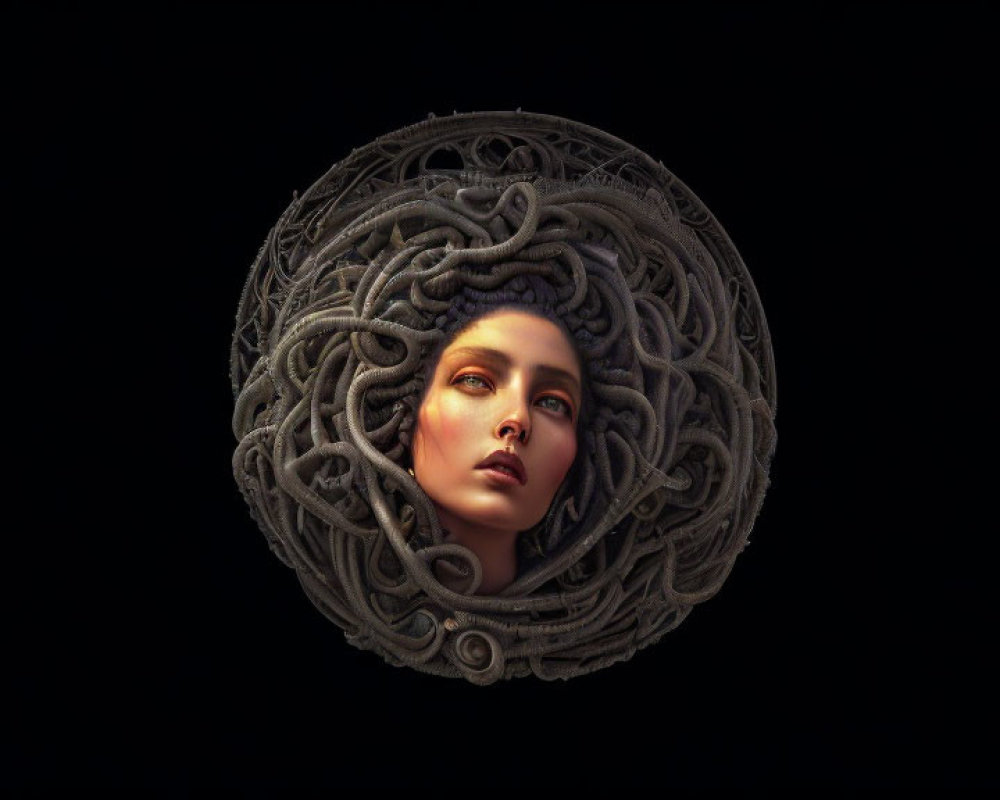 Sculpted woman's face in serpent sphere against dark backdrop