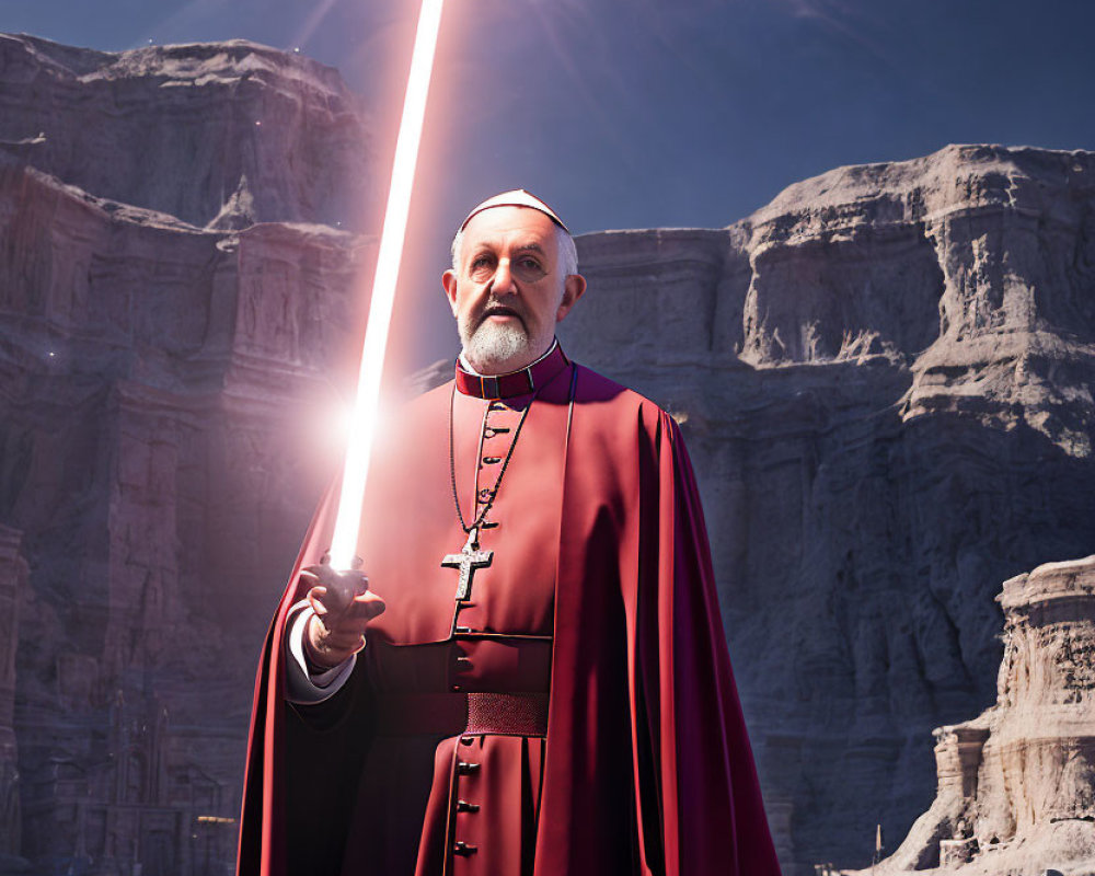 Religious figure with lightsaber in desert canyon under bright sky