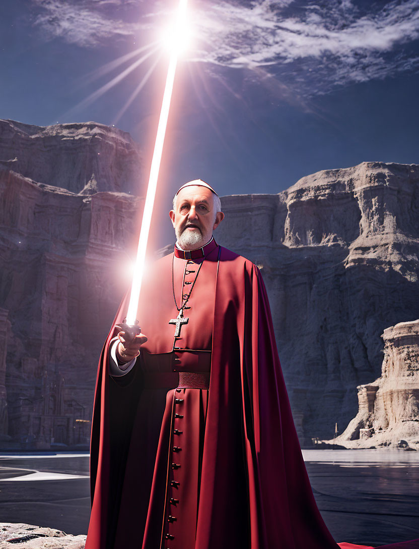 Religious figure with lightsaber in desert canyon under bright sky