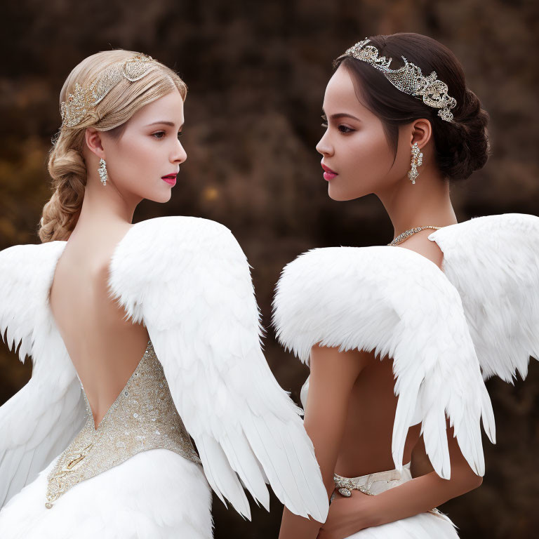 Two women with angel wings and headpieces in elegant contrast on dark background