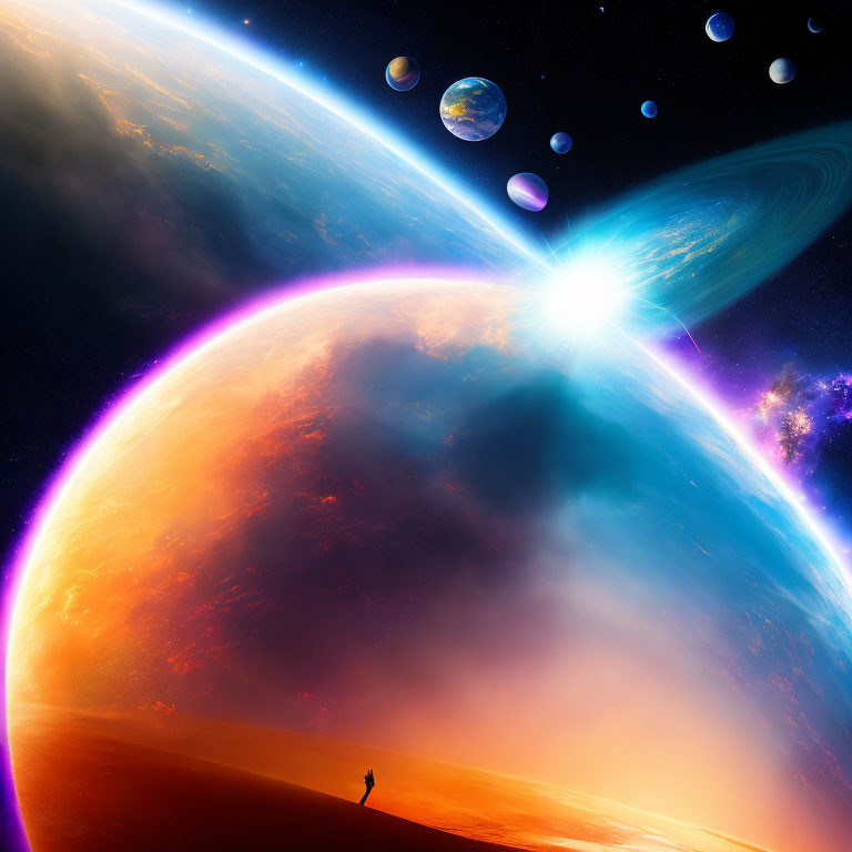 Person on vibrant alien planet viewing surreal cosmic scene