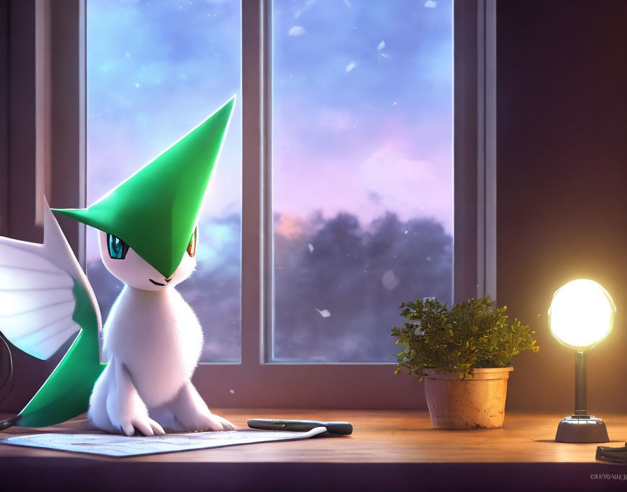 Animated creature by window at dusk with lamp and plant