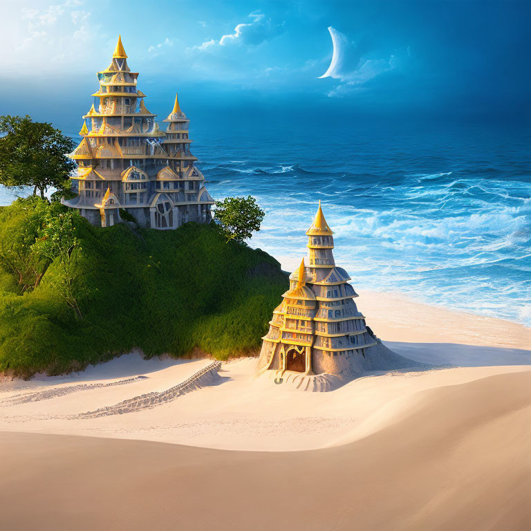 Ornate multi-tiered towers on lush hillside and beach with vibrant ocean under crescent moon