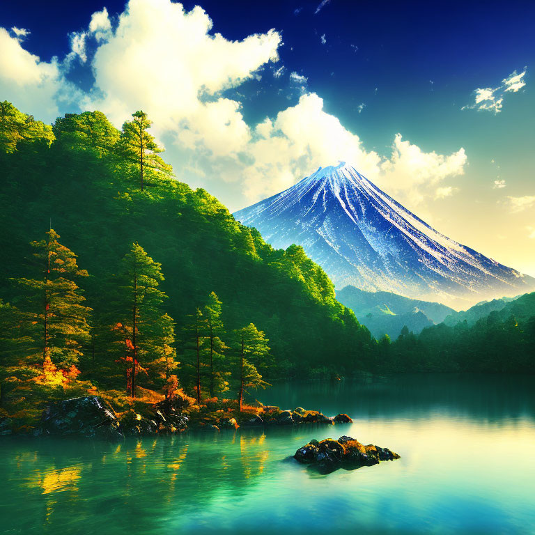 Tranquil lake with lush trees, Mount Fuji in background