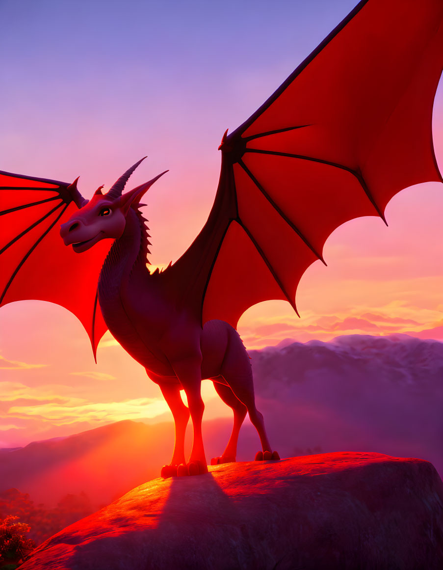 Majestic animated dragon with red wings on rock at vibrant sunset.