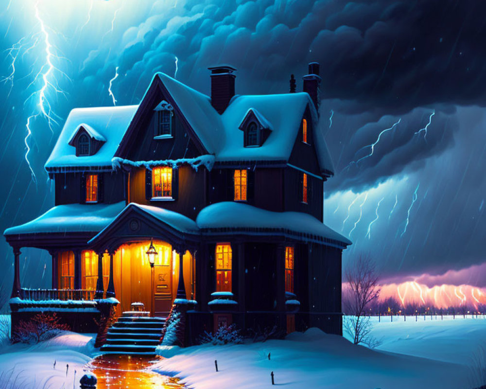 Snow-covered house lit up in stormy night sky