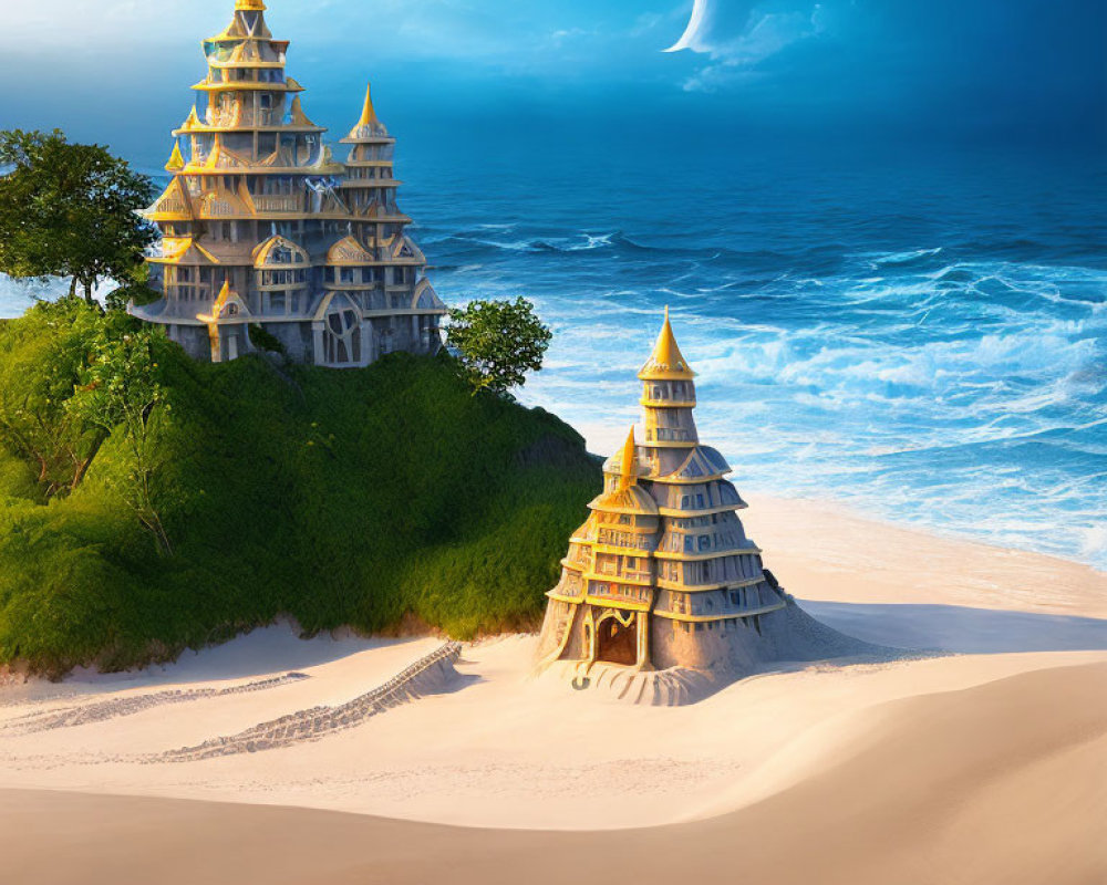 Ornate multi-tiered towers on lush hillside and beach with vibrant ocean under crescent moon
