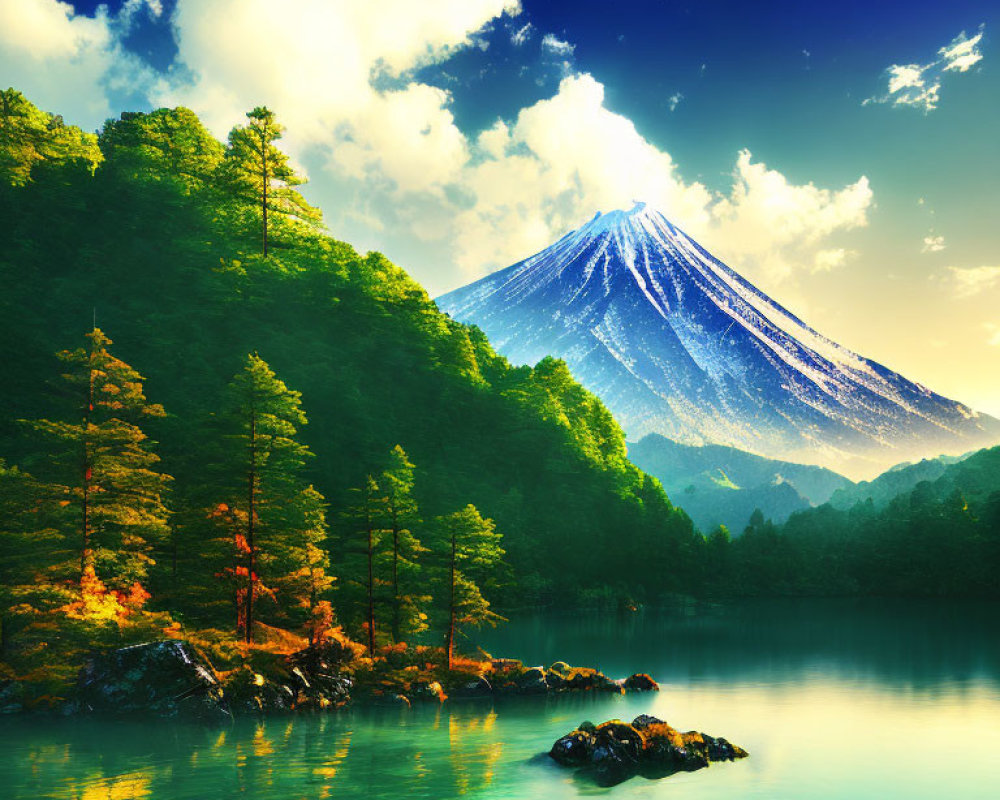 Tranquil lake with lush trees, Mount Fuji in background