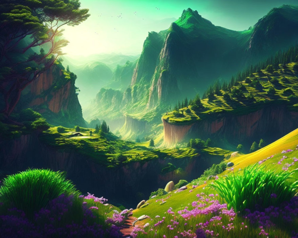 Scenic green valley with flowers, cliffs, and waterfall under sunny sky