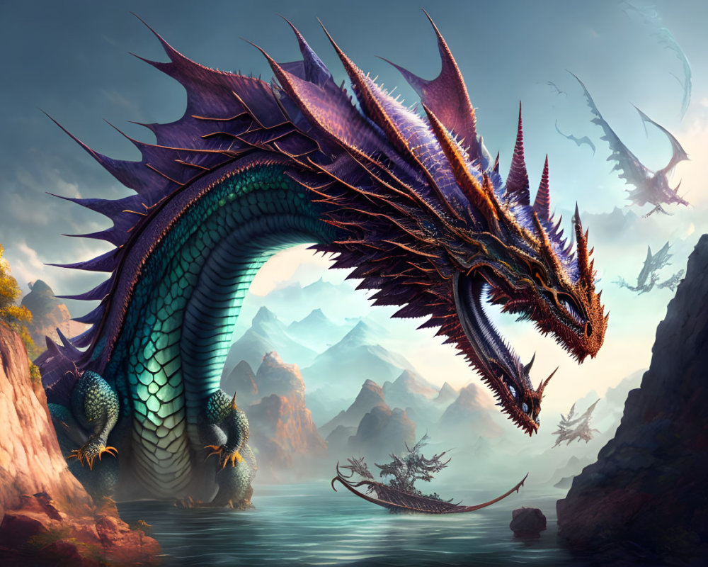 Blue-scaled dragon emerging from sea with mountains and flying dragons in background