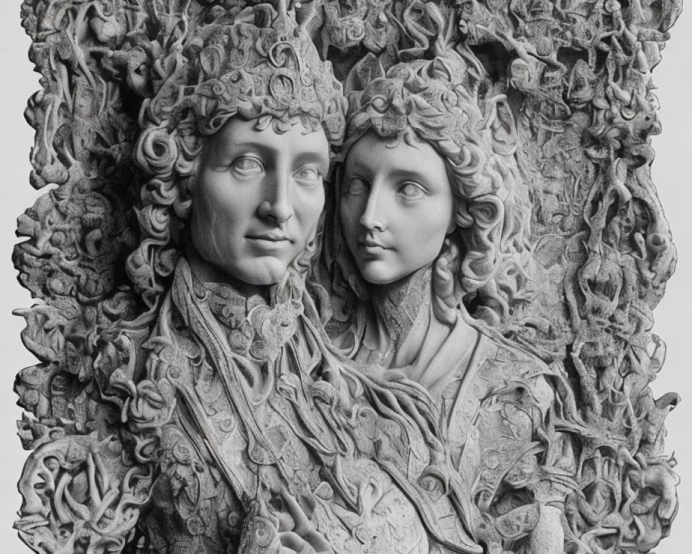 Detailed grayscale stone sculpture of man and woman faces with ornate hair and clothing.