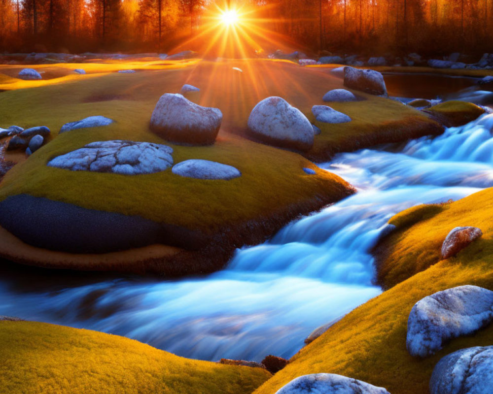 Vibrant river at sunset with moss-covered banks
