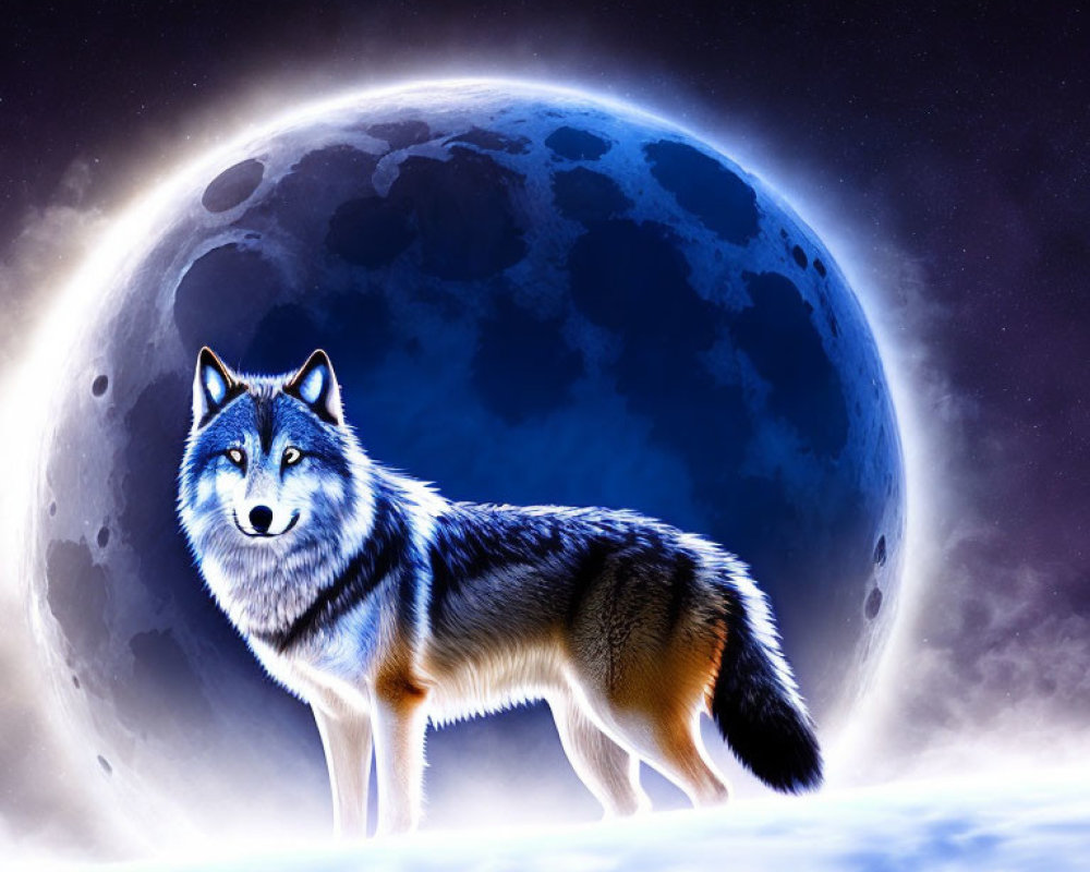 Majestic wolf under luminous full moon in starry night sky