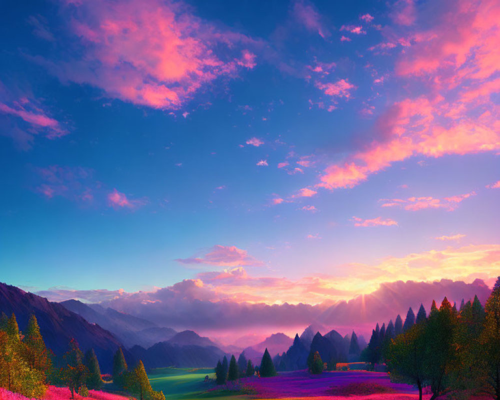 Scenic sunrise landscape with pink clouds, purple field, mist, and mountains
