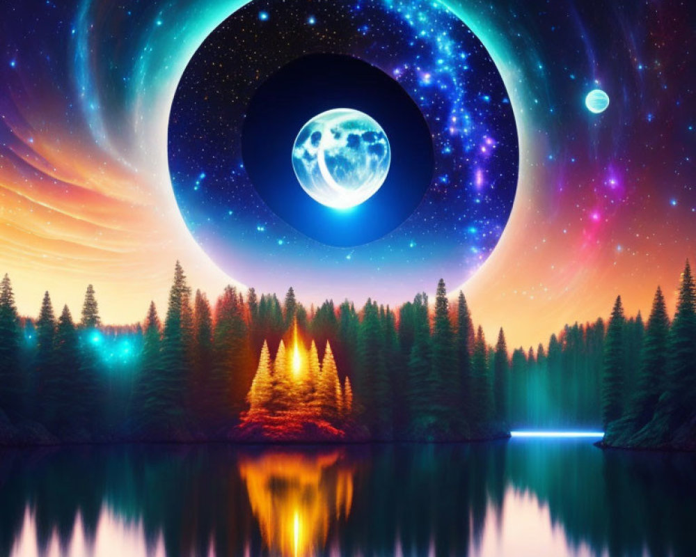 Surreal landscape with vibrant night sky, forest, and reflective lake