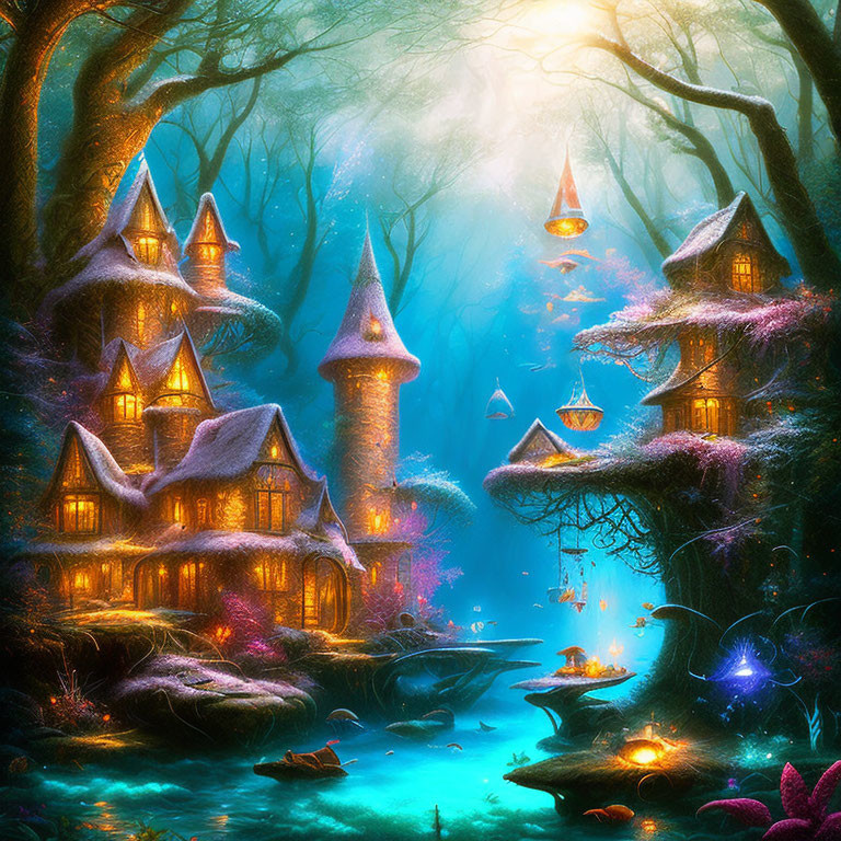 Whimsical forest scene with glowing lanterns and serene river
