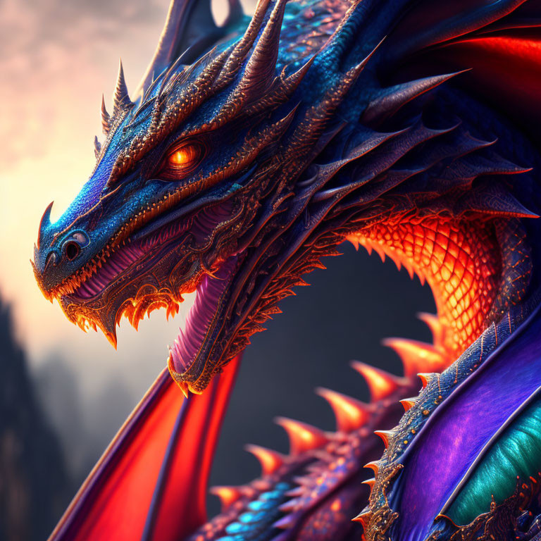 Colorful Dragon with Glowing Eyes and Outspread Wings at Dusk