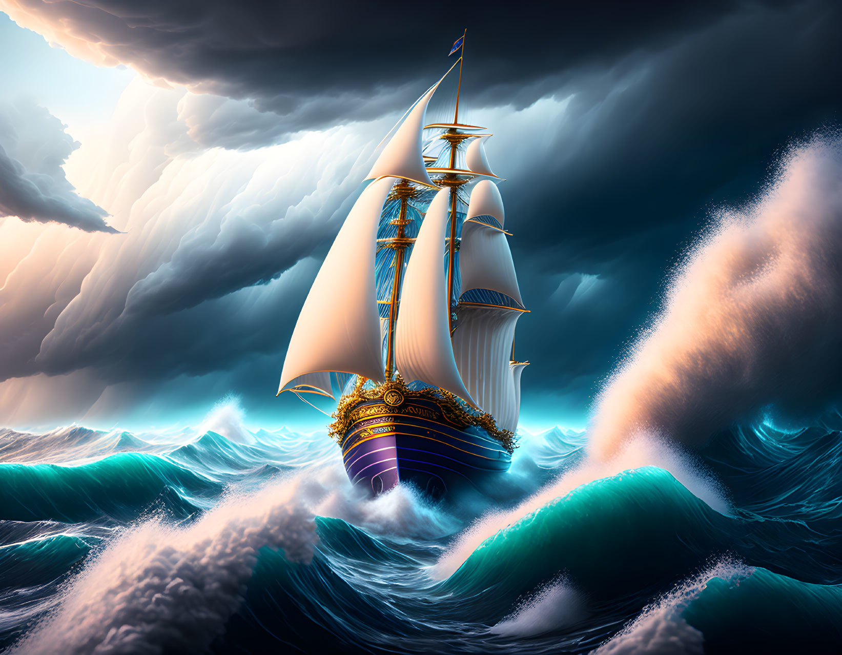 Sailing ship in turbulent seas with billowing sails and stormy skies
