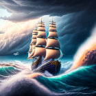 Sailing ship in turbulent seas with billowing sails and stormy skies