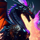 Majestic dragon breathing purple fire in dark setting