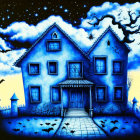 Stylized Haunted House Illustration in Blue and Yellow Palette