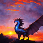 Blue dragon against fiery sunset sky with outstretched wings and gleaming armor